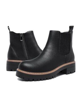 Women's Chelsea Ankle Boots Faux Leather Lug Sole Side Zip Water-Resistant